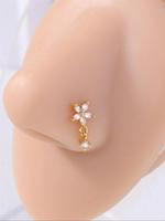 Flower Design L Shape Nose Stud, Rhinestone Decor Nose Ring, Fashionable Body Jewelry for Women & Girls, Trendy All-match & E...