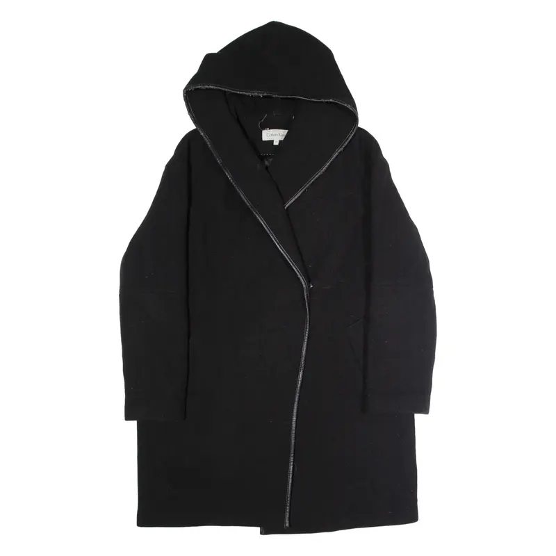 CALVIN KLEIN Womens Overcoat Coat Black Knit Wool Hooded UK 18