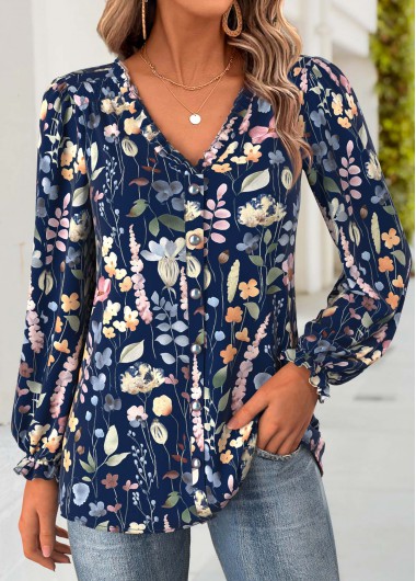 Modlily Navy Tummy Coverage Floral Print Long Sleeve Blouse - L