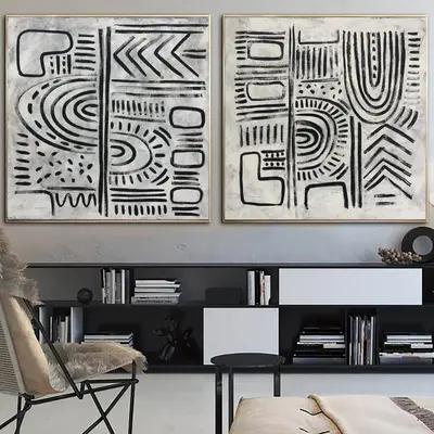 Extra Large Black And White Canvas Symbols Painting Abstract Shapes Art Black and White Luxury Painting Acrylic Painting Wall...