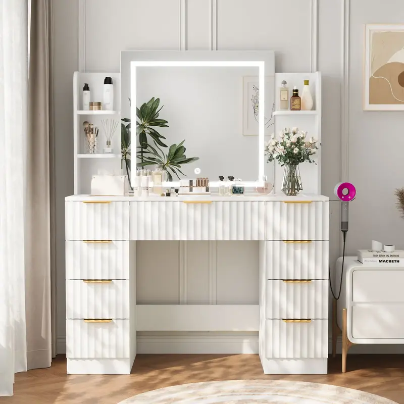 VOWNER Modern Vanity Desk with Mirror and Lights Makeup Vanity Desk with Drawers and Storage Shelves & Power Outlet Hair Drye...