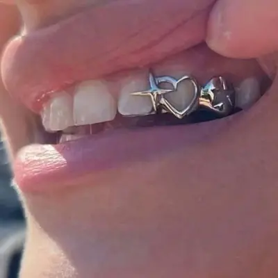 Polished Double Hollow Heart Grillz – Y2K Hip Hop Couple Jewelry Gift for Men & Women