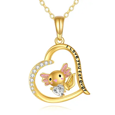 14K Gold Personalized Birthstone Axolotl Heart Necklace for Women