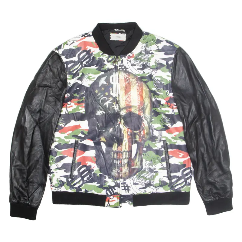LEVINSON Skull Print Real Soft Leather USA Jacket Black Camouflage Mens XL
