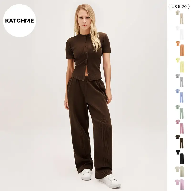 KatchMe Women's Casual Solid Color Button-Up Short Sleeve Slim Top & Wide Leg Trousers Co-ord, Comfy Basic Two Piece Outfits,...