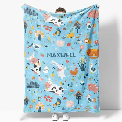 Custom Name Cute Farm Animals Repeat Blue Blanket - Aperturee