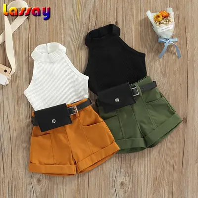 Toddler Girls 3PCS Summer Outfits, Sleeveless Halter Tops + Shorts + Waist Bag Set
