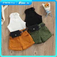 Toddler Girls 3PCS Summer Outfits, Sleeveless Halter Tops + Shorts + Waist Bag Set