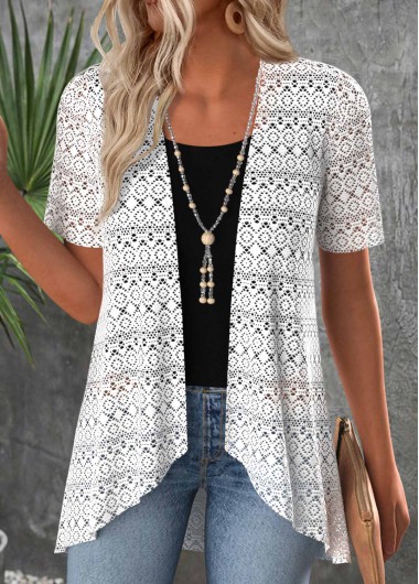 Modlily White Patchwork Short Sleeve Cardigan and Tank Top - M