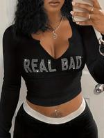 Women's Rhinestone Letter Decor Notched Neck Crop Tee, Casual Long Sleeve T-shirt for Daily Wear, Women's Tee Shirts, Ladies ...