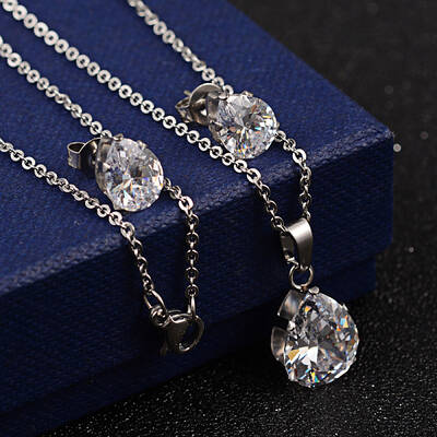 Teardrop 304 Stainless Steel Cubic Zirconia Pendant Necklaces and Stud Earrings