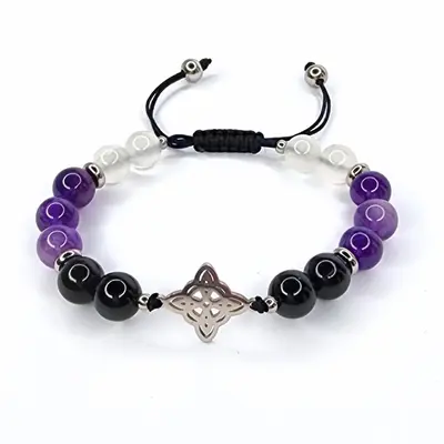 FIMENESS SELENITE, AMETHYST, TOURMALINE WITCH KNOT CONNECTOR CHARM MACRAME HAND MADE 8MM CRYSTAL BEADED BRACELET SILVER TONE ...