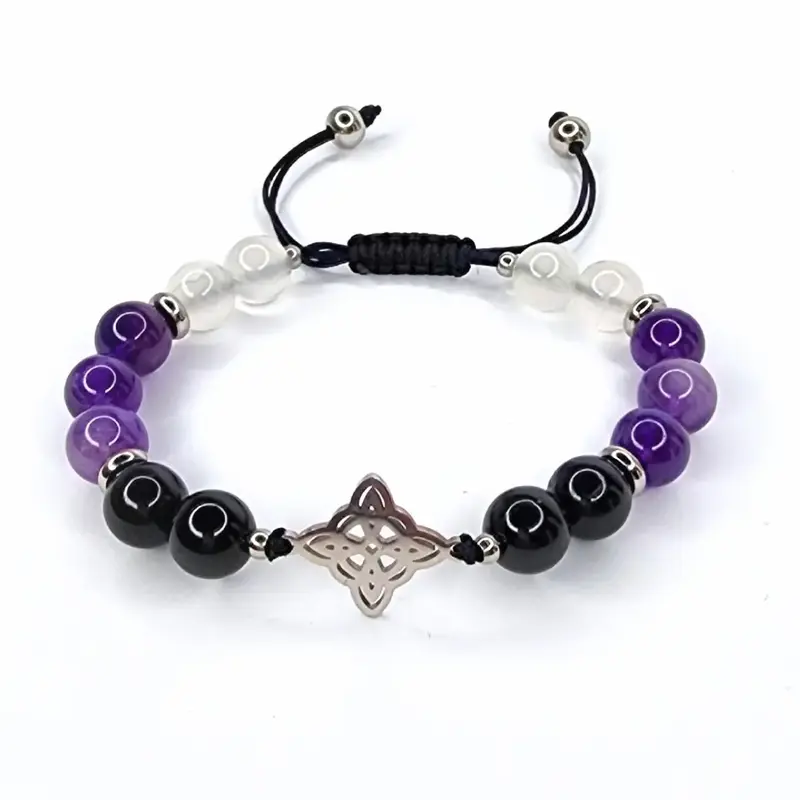 FIMENESS SELENITE, AMETHYST, TOURMALINE WITCH KNOT CONNECTOR CHARM MACRAME HAND MADE 8MM CRYSTAL BEADED BRACELET SILVER TONE ...