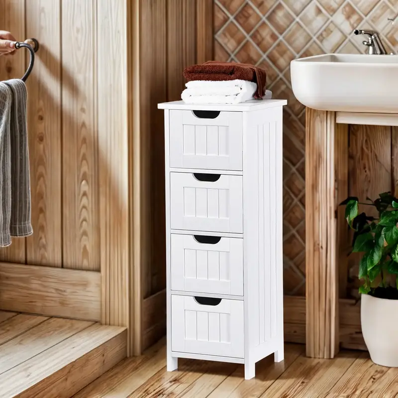 SEGAWE Bathroom Floor Cabinet Attractive Wooden Side Storage Organizer with 4 Drawers, White