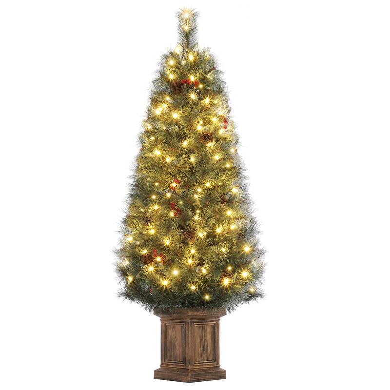 Garvee 4.5ft Christmas Tree, Artificial Pine Xams Tree with 100 Warm White LED Lights, Pine Cones & Red Berries, Potted Rusti...