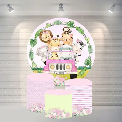 Aperturee Circle Pink Car And Animals Happy Birthday Backdrop | Round Birthday Backdrop Cover | Custom Round Backdrop | Round...