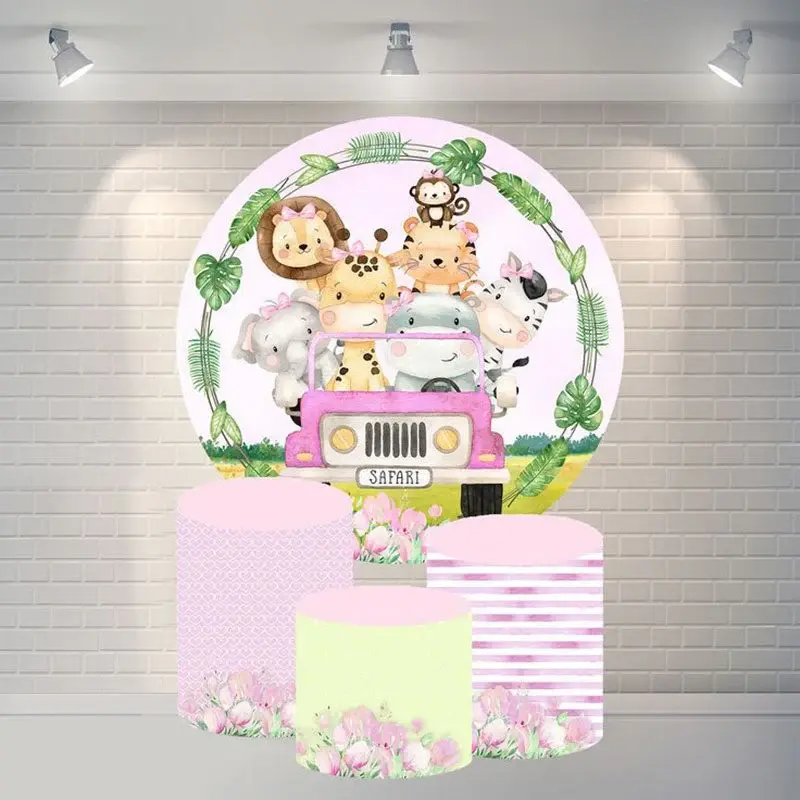 Aperturee Circle Pink Car And Animals Happy Birthday Backdrop | Round Birthday Backdrop Cover | Custom Round Backdrop | Round...