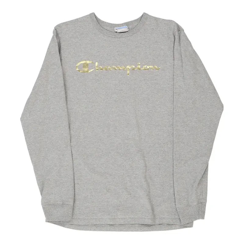 Champion Spellout Long Sleeve T-Shirt - Large Grey Cotton