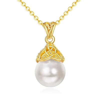 14K Gold Circular Shaped Pearl Celtic Knot Pendant Necklace