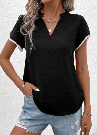 Modlily Black Patchwork Short Sleeve V Neck T Shirt - M