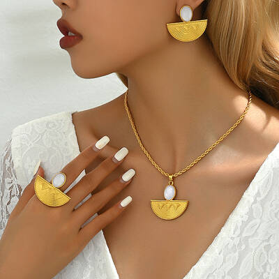 Real 18K Gold Plated Brass Fan Earrings & Necklaces & Ring Sets for Women