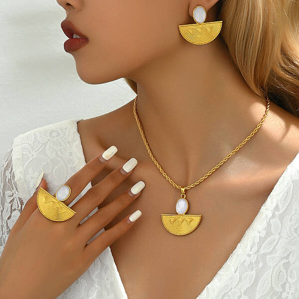 Real 18K Gold Plated Brass Fan Earrings & Necklaces & Ring Sets for Women