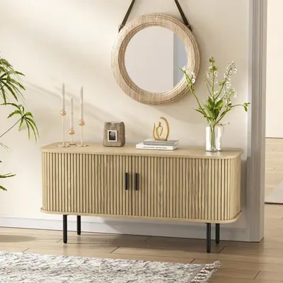 Vabches Buffet Sideboard Cabinet with Storage, Fluted Storage Cabinet Black with Curvy Edge; Sliding Door Coffee Bar, Accent ...