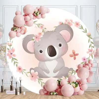 Aperturee Pink Floral Kangaroo Round Baby Shower Backdrop