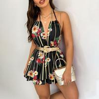 ChicMe Women's V-Neck Halter Tie Back Skirted Hem Romper with Shirred Waistband