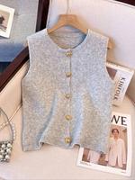 Women's Solid Color Button Front Sweater Vest, Casual Basic Minimalist Sleeveless Round Neck Knitwear for Summer, Fashion Wom...
