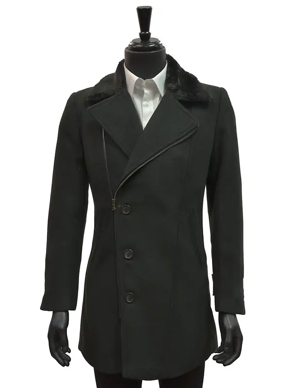 Men Blu Martini Black Faux Fur Collar Angular Zip Wool Blend Slim Fit Peacoat Jacket
