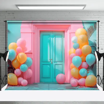 Balloons Teal Pink Retro Door Photo Booth Backdrop - Aperturee