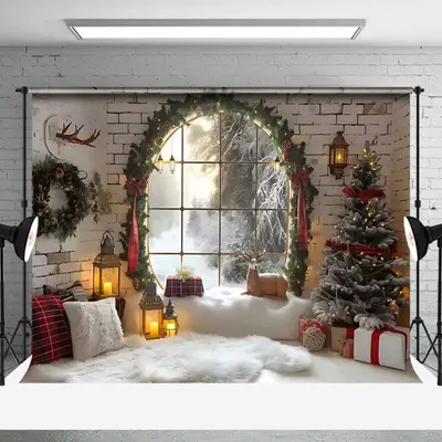 Aperturee Candle Arched Window Xmas Interior Photo Backdrop