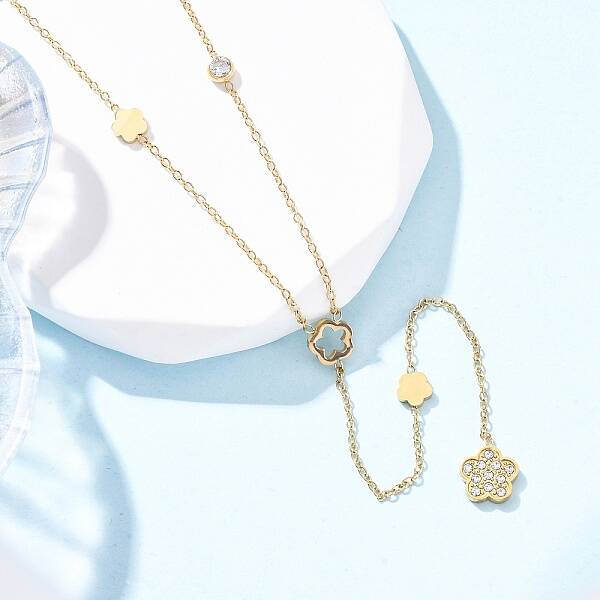 304 Stainless Steel Crystal Rhinestone Flower Y Necklaces