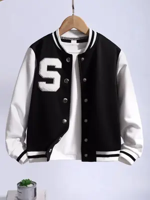 Girl's Colorblock Letter Patched Button Front Varsity Jacket, Casual Long Sleeve Baseball Collar Outerwear for Fall & Winter,...