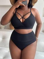 【Plus Size】 Criss Cross Cut Out Bikini Set, Solid Adjustable Strap Swim Top & High Waist Swim Bottom, Bathing Suits, Wome...