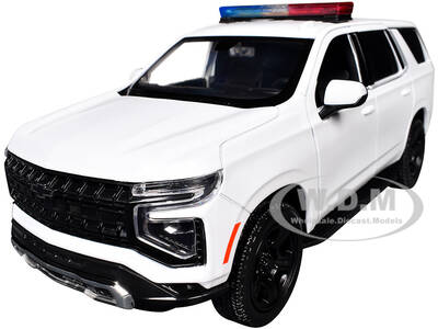 2025 Chevrolet Tahoe PPV White Builder's Kit with Flashing Light Bar and Front and Rear Lights and Sounds 1/24 Diecast Mode...