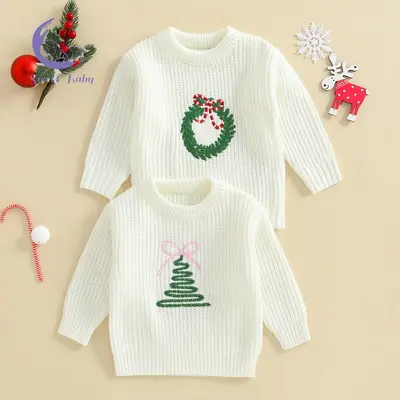 Little Toddler Girl Christmas Sweater Tree/Wreath Embroidered Crew Neck Long Sleeve Pullover Chunky Knit Tops