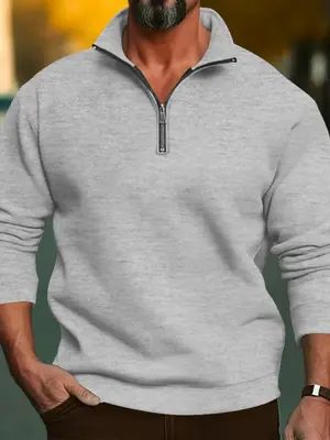 Men's Solid Half Zip Stand Collar Sweatshirt, Regular Fit Casual Long Sleeve Pullover for Fall & Winter, Men's Clothes for D...
