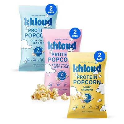 Khloud Protein Popcorn Variety Pack Snack 6 Pack Olive Oil Sea Salt Sweet Salty Kettle Corn White Cheddar 7g Protein Crunchy ...
