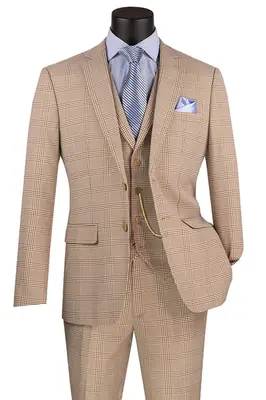 Glen Plaid Men's Slim Fit Vested Summer Business Suit - Beige