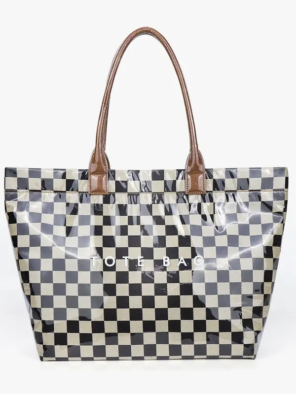 Checkerboard Pattern Tote Bag, Casual Versatile Handheld Bag, Minimalist Transparent Commute Large Capacity Bag for Women