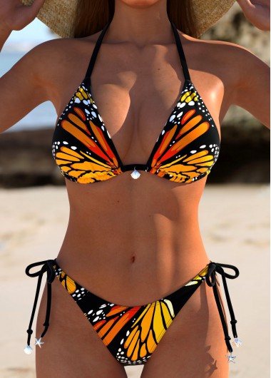 Modlily Tie Butterfly Print Orange Bikini Set - S