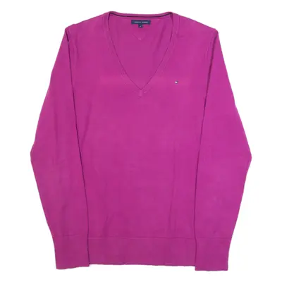 TOMMY HILFIGER Womens Jumper Pink V-Neck Tight Knit M