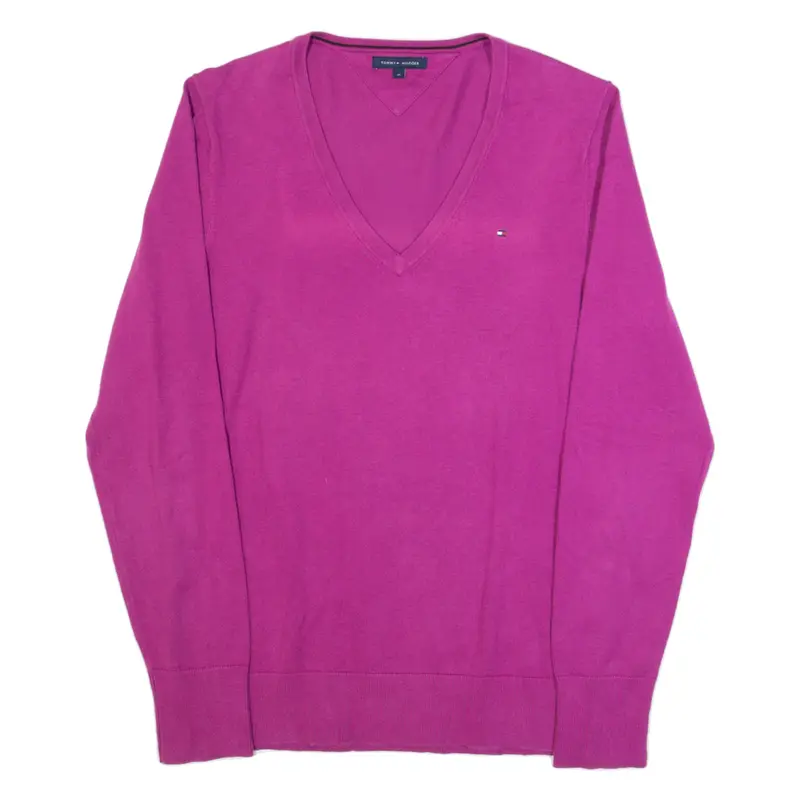 TOMMY HILFIGER Womens Jumper Pink V-Neck Tight Knit M