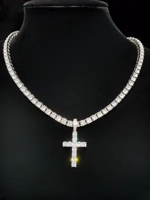 Artificial Zircon Inlaid Cross Pendant Necklace, Punk Style Necklace for Party, Daily Decor, Trendy All-match & Exquisite Hip...