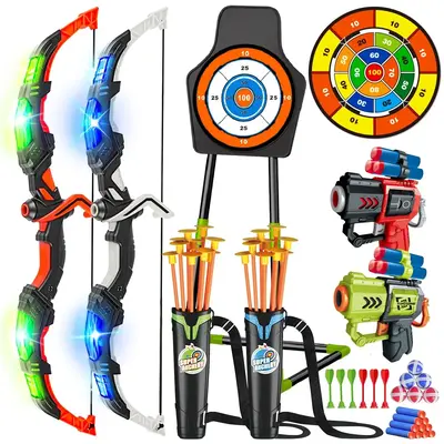 VATOS 2 Pack Bow and Arrow Toy for 5-11 Year Olds, Light Up Archery Toy with Suction Target & 29\