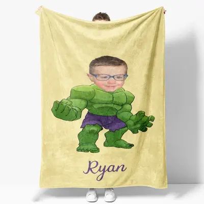 Personalized Green Man Yellow Blanket With Photo - Lofaris