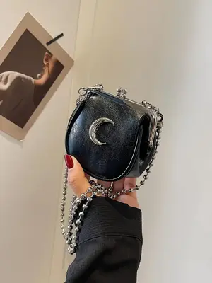 Women's Cute Y2k Moon Design Crossbody Bag, Trendy Chain Strap Mini Crossbody Bag, Fashionable PU Leather Crossbody Bag for ...