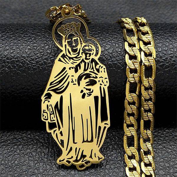 304 Stainless Steel Hollow Virgin Mary & Baby Pendant Figaro Chain Necklaces